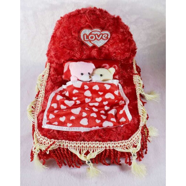 Beautiful Red Royal Plush Bed with Love Couple Teddy Bears